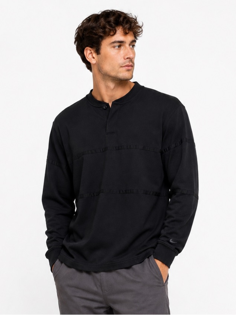 Nike Black Long Sleeve Pullover Men’s Large Tonal Swoosh Henley Athletic Top